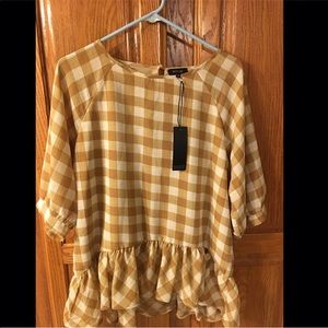 ROOLEE Tan/White Checkered Peplum Top